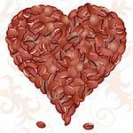 Valentines Day Background with hearts from grains coffee and florals, element for design, vector illustration