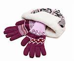 Winter hat with fur and violet gloves on white background