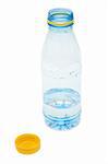 Plastic bottle with water and open yellow lid on white background