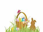 vector eps 10 illustration of colorful eggs in a basket and a bunny standing in a meadow