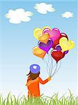 vector eps 10 illustration of a kid with colorful heart balloons in his hand