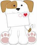 A cute puppy is holding a letter that has a heart stamp in the top right corner