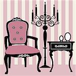 Interior scene with antique armchair, candle and furniture, full scalable vector graphic.