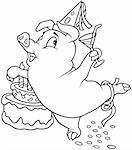 Piglet and Birthday - Black and White Cartoon illustration, Vector