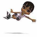 cute cartoon girl with inline skates. 3D rendering with clipping path and shadow over white