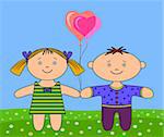 Toys, ragdolls, boy and girl with valentine heart balloon on a meadow