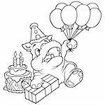 Hippo and Balloons - Black and White Cartoon illustration, Vector