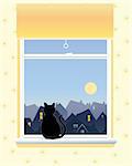 an illustration of a window with an orange blind a black cat and a view across the city rooftops on a sunny morning