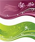 Pink and green floral wavy banners. This image is a vector illustration.