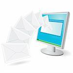 Illustration, white paper envelopes flying from monitor