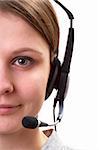 Friendly call center operator girl face fragment isolated over white background