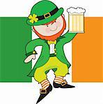 A leprechaun is dancing with a mug of beer in his hand. Behind him is the Irish Flag