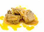 Fried and prostewed meat together with a golden beam is on a white background