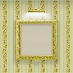 golden square frame with spotlight on green wallpaper