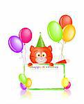red cat with greeting card  and balloons on birthday isolated on white background