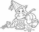 Hippo and Cake - Black and White Cartoon illustration, Vector