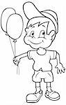 Boy with Balloons - Black and White Cartoon illustration, Vector