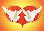 Two white doves flying in the background of an abstract image of the heart