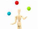 A manikin juggling gumballs on a white background