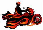 Vector drawing motorcycle on red fire. Silhouette on a white background