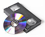 Picture of videocassette and disk on a white background
