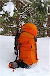 Backpack in snow forest
