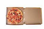 spicy pizza on cardboard box with white background