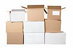 Isolated brown and white different cardboard boxes arranged in stack