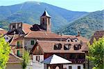 Hecho Valley Pyrenees village roof and mountains Aragon Huesca Spain