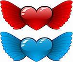 Red and blue heart with wings on a white background