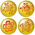 Set icons, red flowers on gold buttons, vector eps10