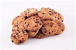 Pile of chocolate chip cookies, every cookie comes with a lot of chocolate chips, fresh baked just out of the oven isolated on white with copyspace.