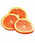 Fresh and juicy red orange cut into slices, isolated, white background.