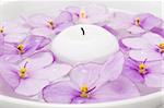 Floating candle in water and lilac flower