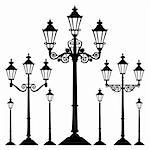 Set of antique retro street light lamps, isolated on white background,  full scalable vector graphic.