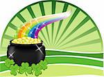 A big pot of gold with shiny rainbow, shamrocks and a green background