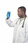 A black man African American doctor holding a test tube vial sample of blood