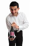 A waiter, servant or bartender presenting or recommending wine and smiling.  White background.