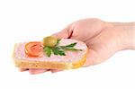 hand holding toast with fish caviar cream isolated