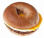 Sausage, Egg and Cheese Breakfast Bagel Isolated on White with a Clipping Path.