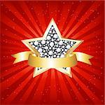 Star From Gold And Brilliants With Gold Tape, Beams And Stars, Vector Illustration