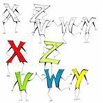 Set of cartoon style letters X, Z, V, W, Y