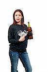 A beautiful Hispanic Latino woman holding wine glasses and bottle