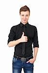 Happy casual young man showing thumb up  on white background