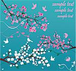 vector illustration of blossom branches with birds, butterflies and space for your text