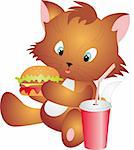 Cat with Fast Food isolated on white background. Vector