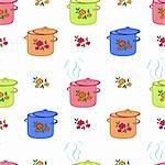 Vector seamless background. Kitchen pan with flower cover