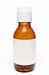 Medicine bottle. Brown glass. Blank label. White childproof lid. 100ml. Clipping path included.