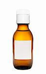 Medicine bottle. Brown glass. Small blank label. White childproof lid. 100ml. Clipping path included.