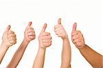 Five hands doing thumbs up isolated on white background
